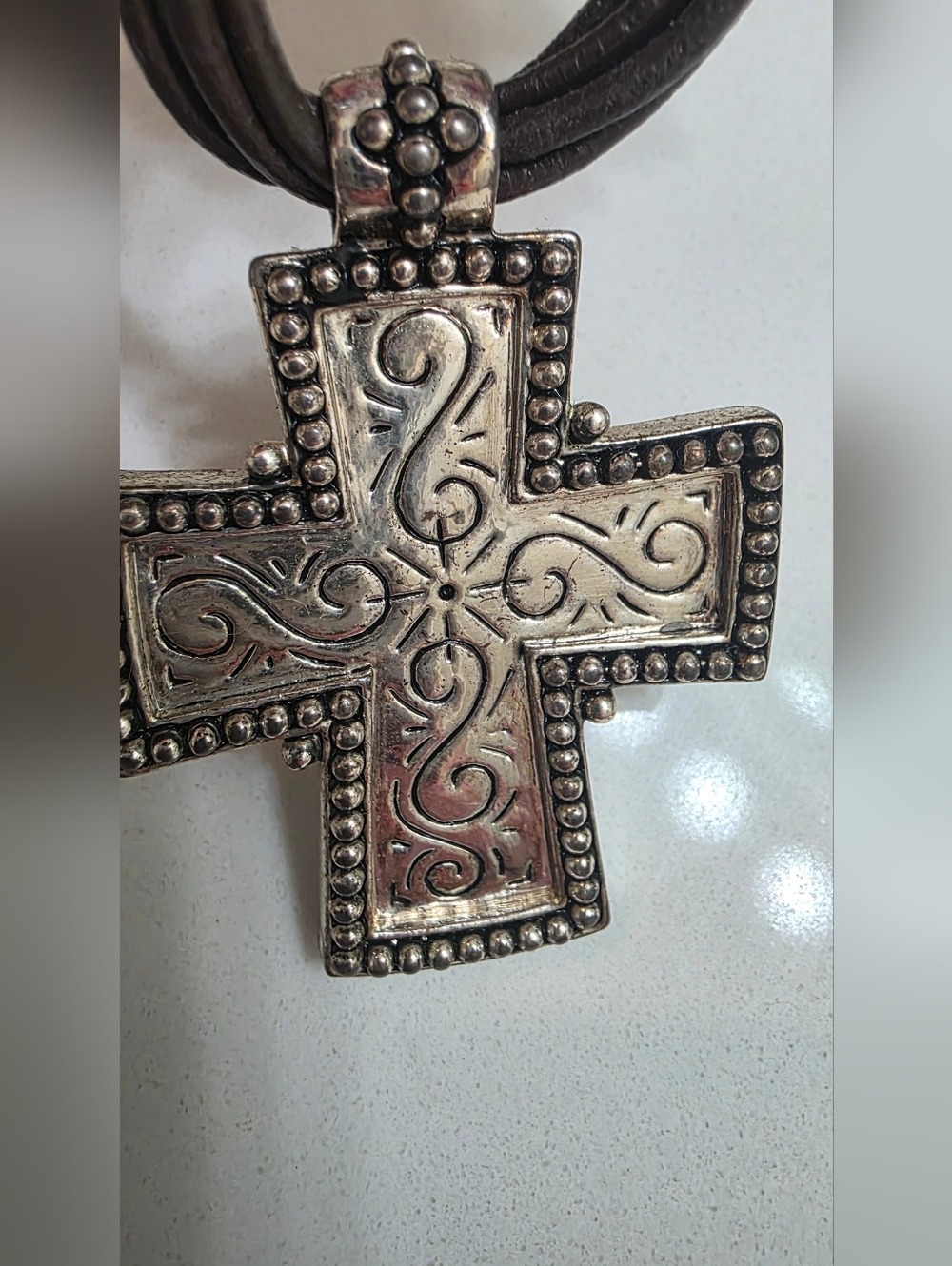 Ornate Silver-Tone Cross Pendant Necklace